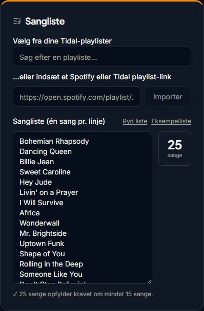 Bingo-formularen med sangliste og playlist-import