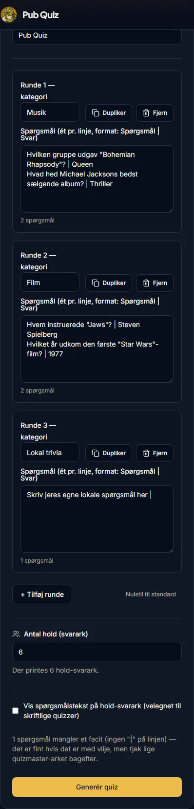 Formular med quizrunder